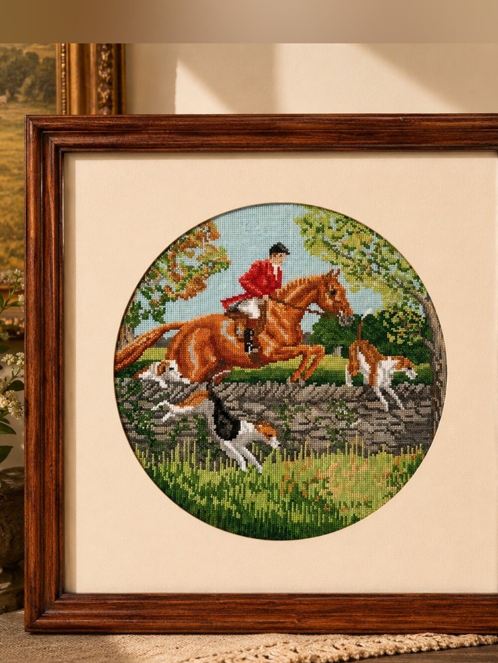 Vintage Sporting Masters Ltd Equestrian Fox Hunt Needlepoint Framed Art 16.5”